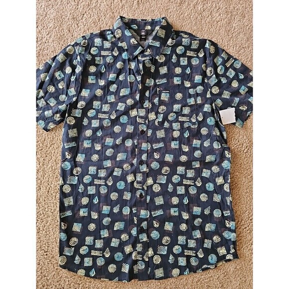 Volcom Men's Warbler Short Sleeve Button Up Cotton Shirt Black Print Size Medium - Picture 2 of 5